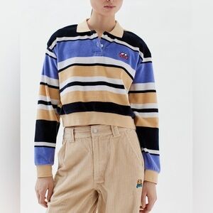 Obey Polo Shirt Velour Long Sleeves Striped Small Embroidered Cropped NWT